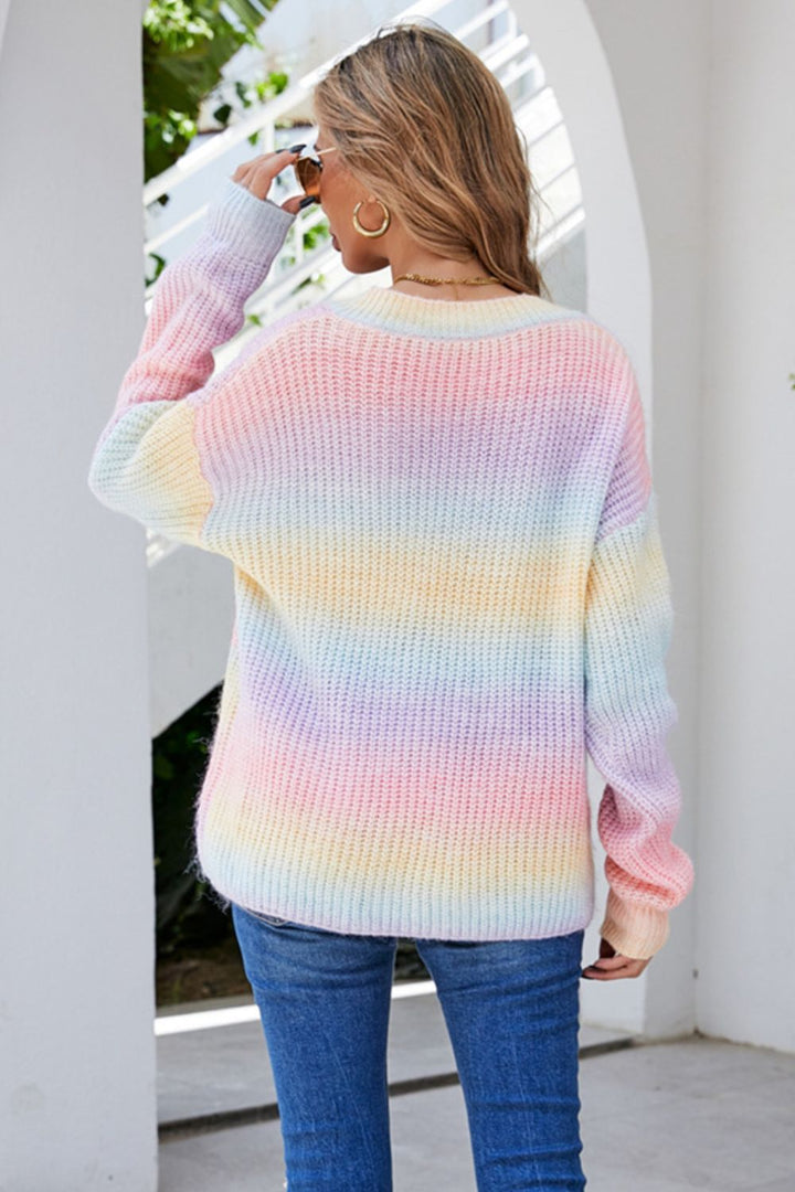 Multicolored V-Neck Rib-Knit Sweater - Runway Frenzy 