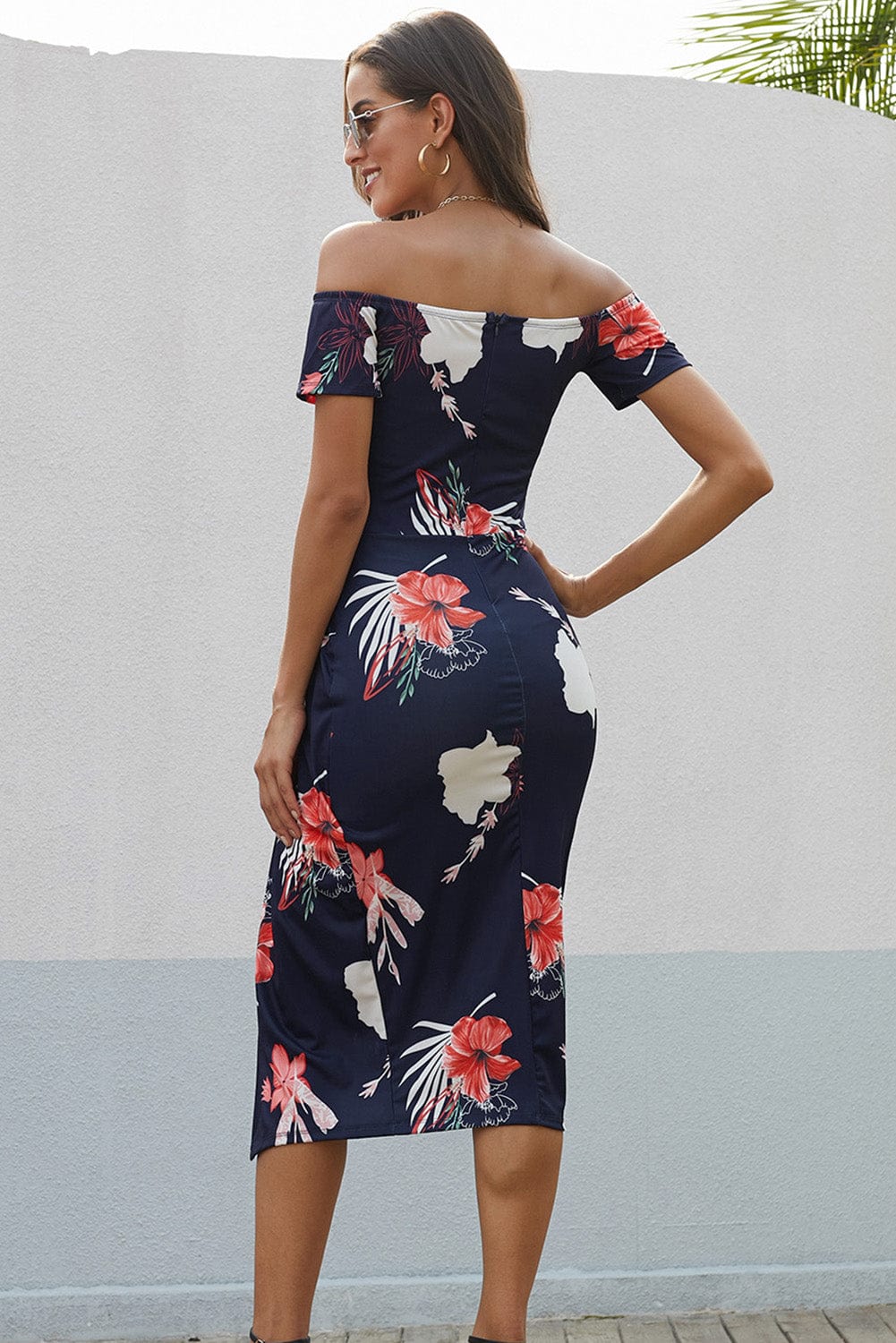 Printed Off-Shoulder Slit Midi Dress - Runway Frenzy 