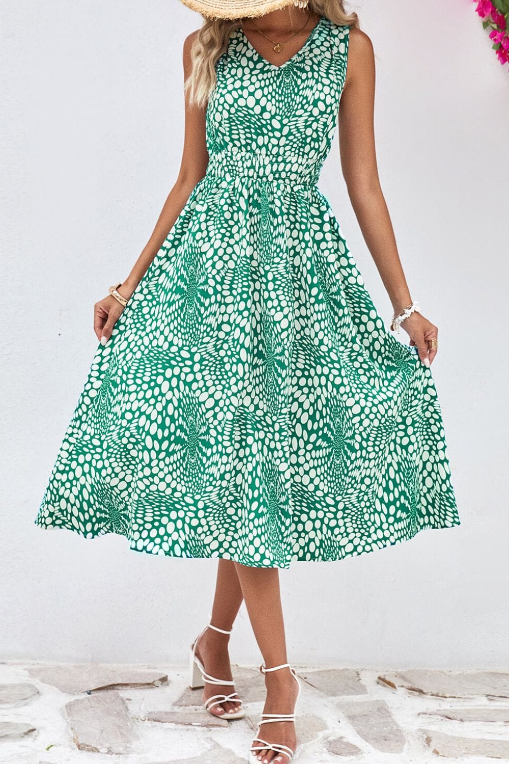 Printed V-Neck Sleeveless Dress - Runway Frenzy