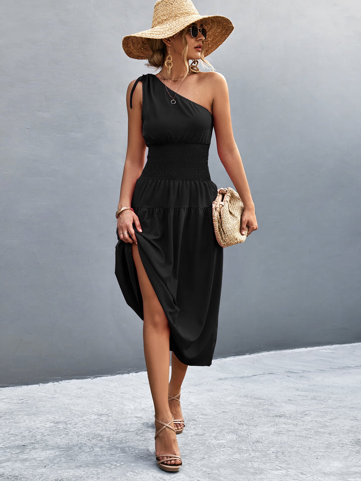 Asymmetrical One Shoulder Smocked Waist Midi Dress - Runway Frenzy