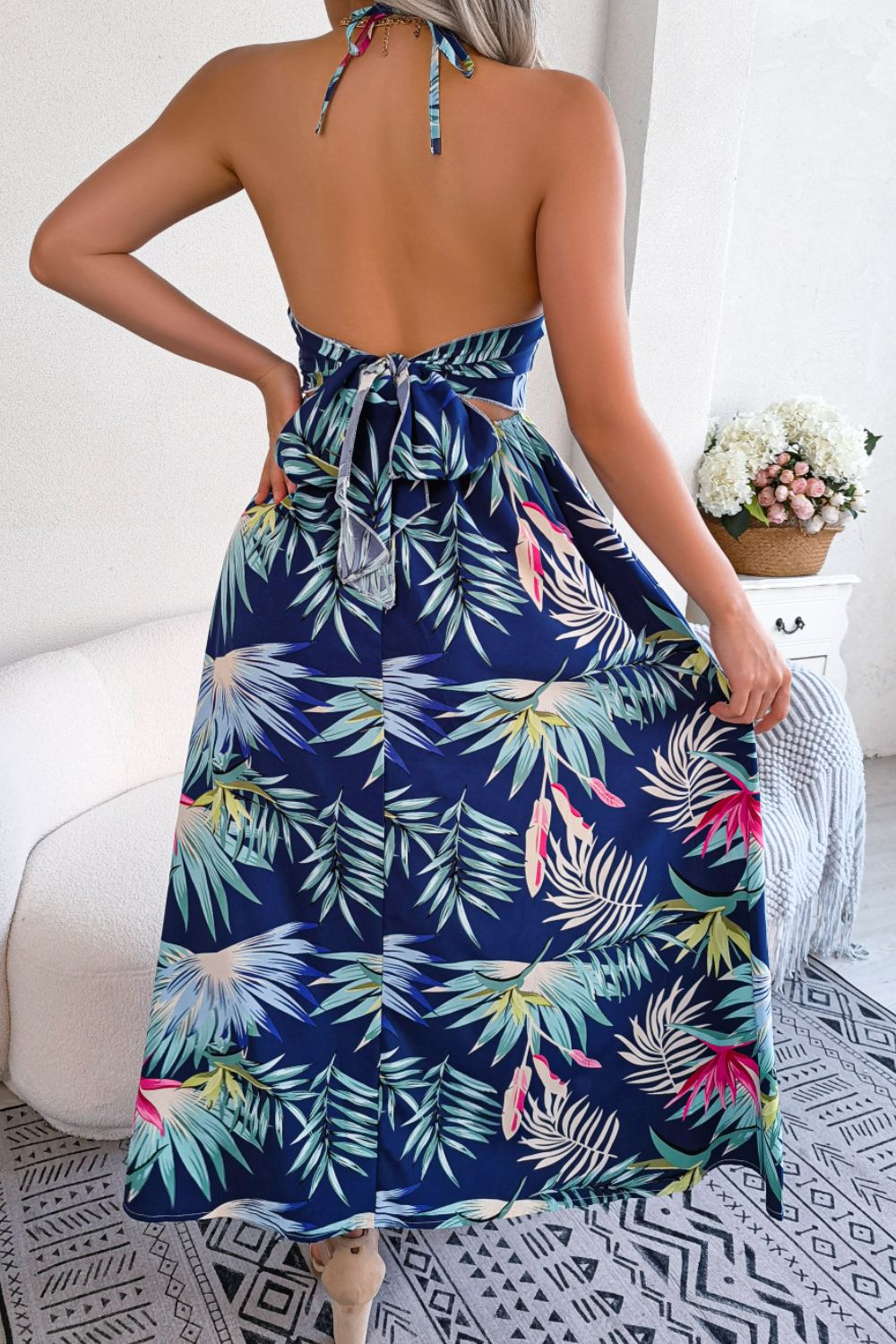 Botanical Print Tied Backless Cutout Slit Dress - Runway Frenzy