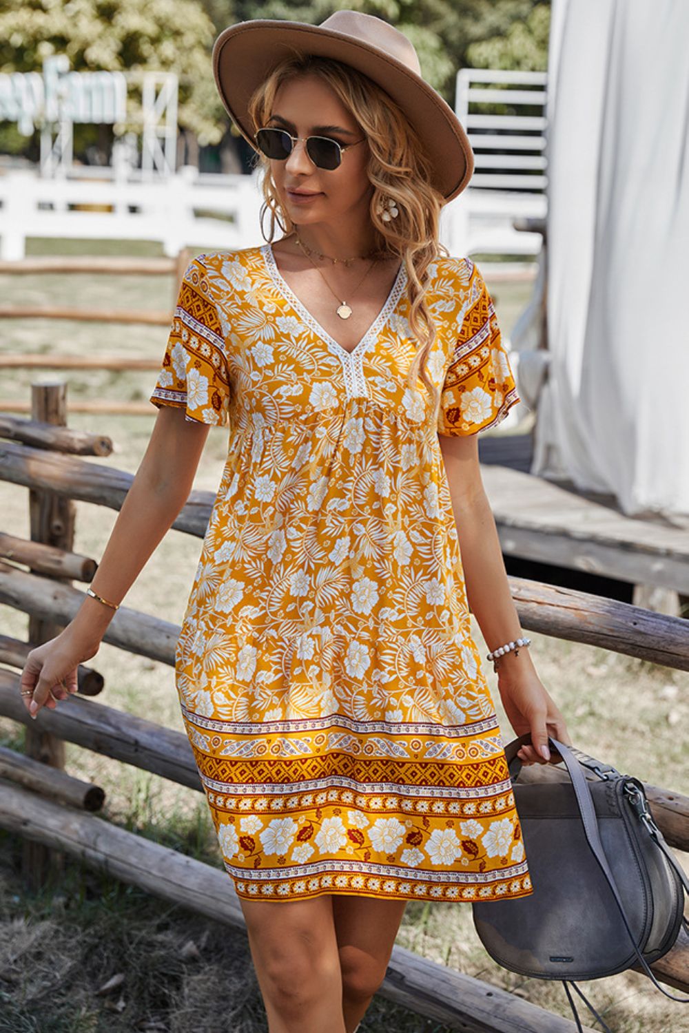 Bohemian V-Neck Short Sleeve Dress - Runway Frenzy