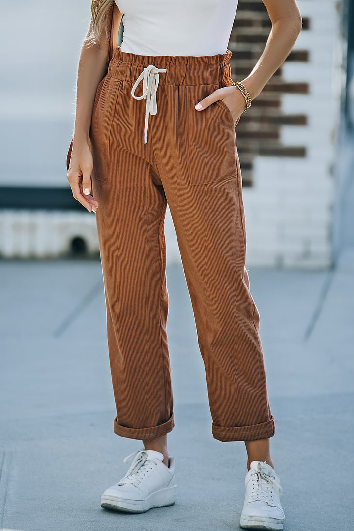 Drawstring Waist Corduroy Pants with Pockets - Runway Frenzy