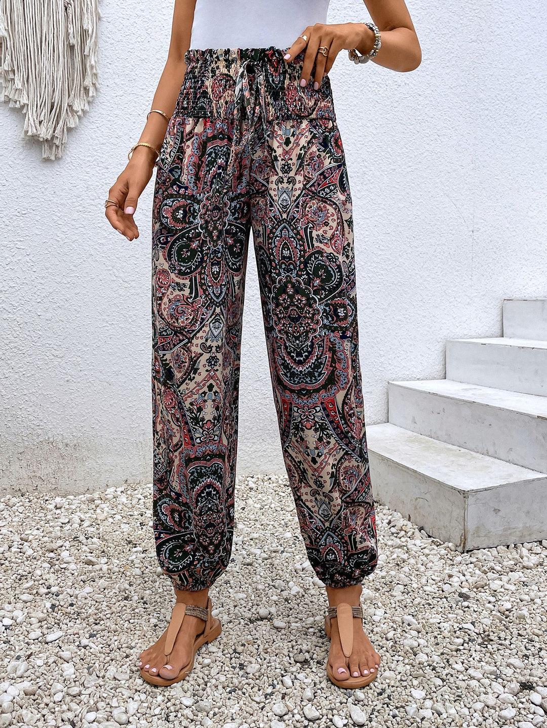 Paisley Print Smocked High-Waist Pants - Runway Frenzy 