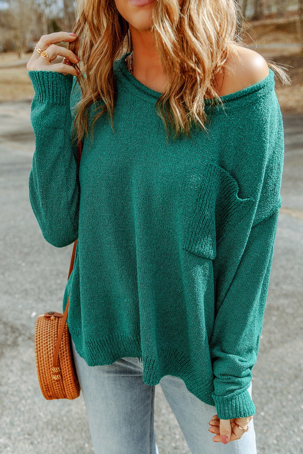 Dropped Shoulder Boat Neck Sweater Pullover with Pocket - Runway Frenzy