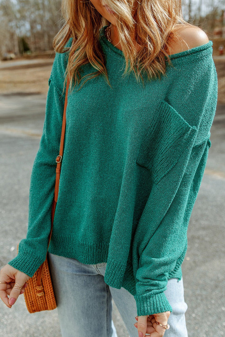 Dropped Shoulder Boat Neck Sweater Pullover with Pocket - Runway Frenzy