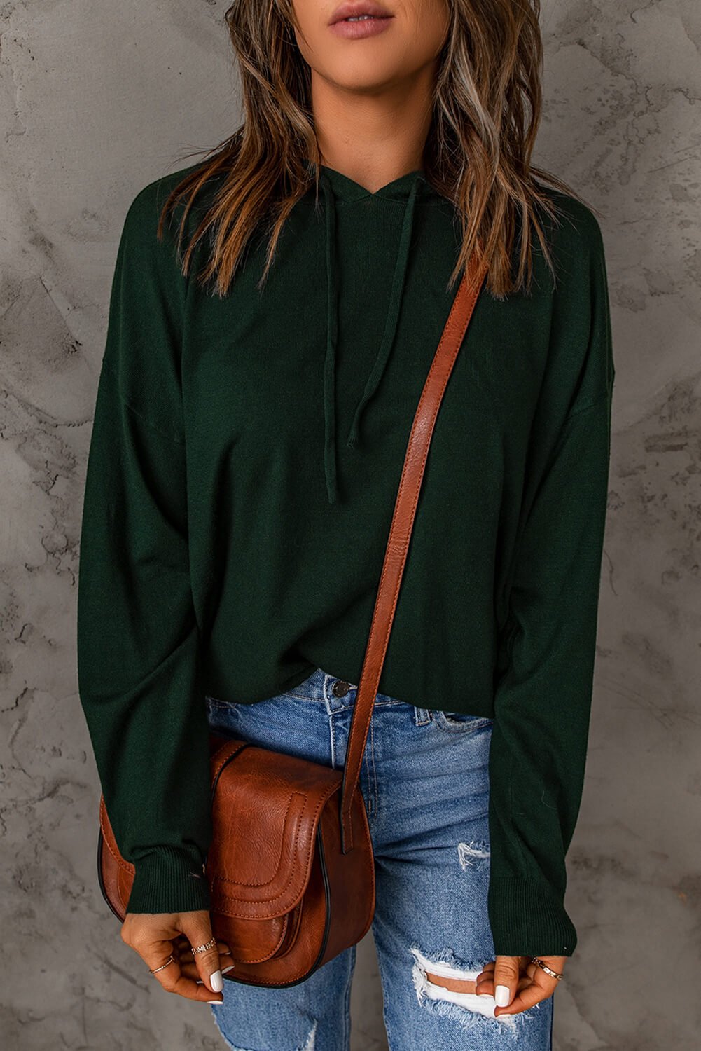 Dropped Shoulder Drawstring Hooded Knit Top - Runway Frenzy