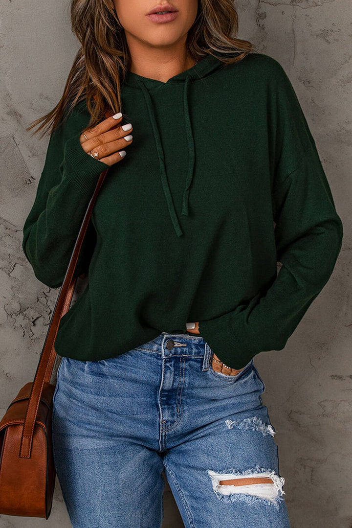 Dropped Shoulder Drawstring Hooded Knit Top - Runway Frenzy