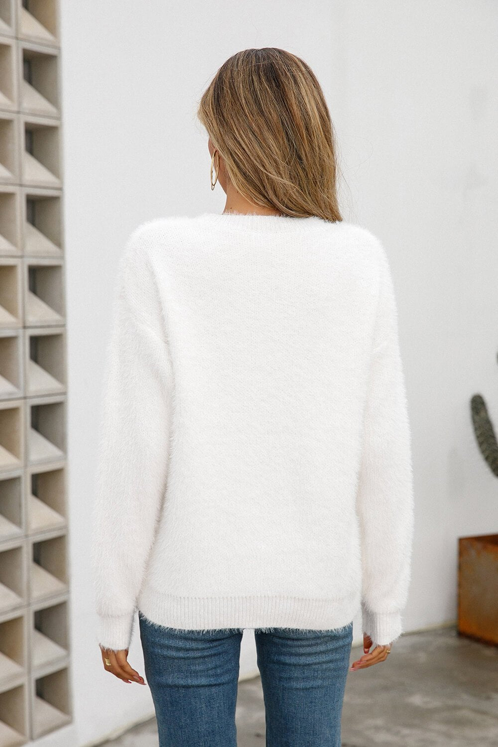 Dropped Shoulder Round Neck Fuzzy Sweater - Runway Frenzy