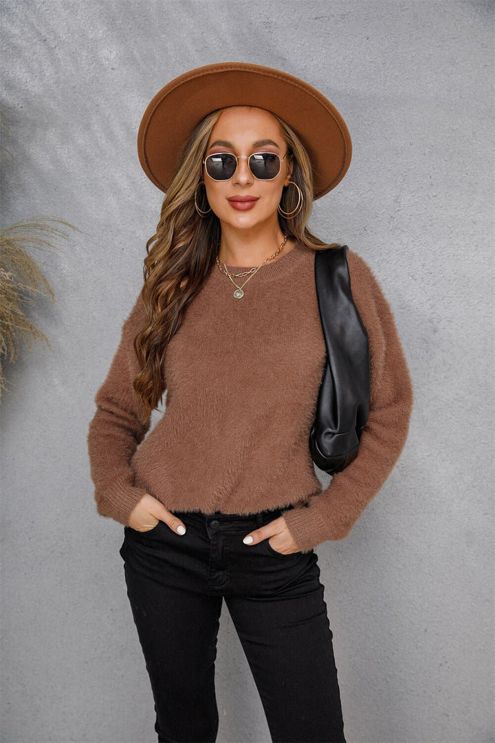 Dropped Shoulder Round Neck Fuzzy Sweater - Runway Frenzy