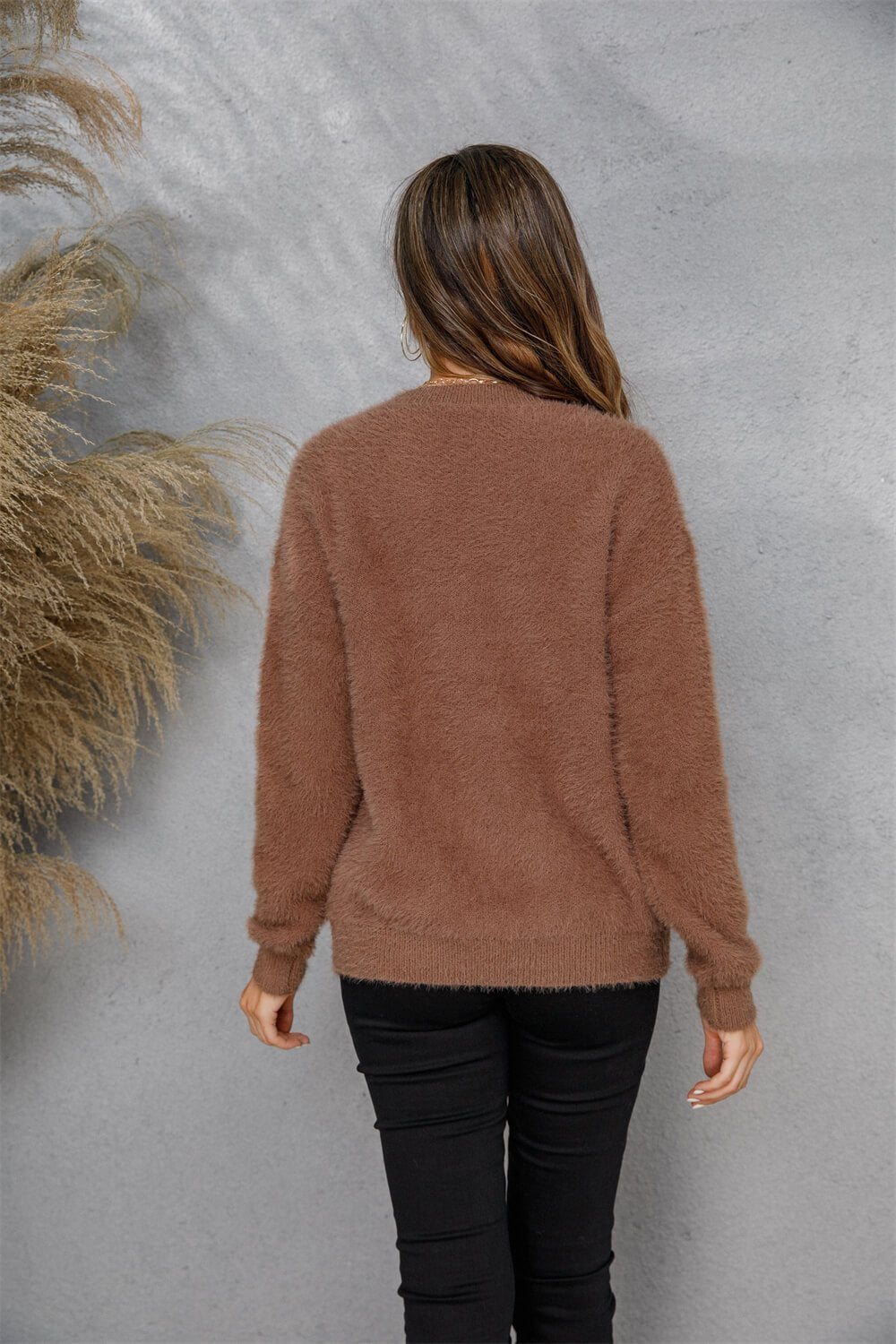 Dropped Shoulder Round Neck Fuzzy Sweater - Runway Frenzy