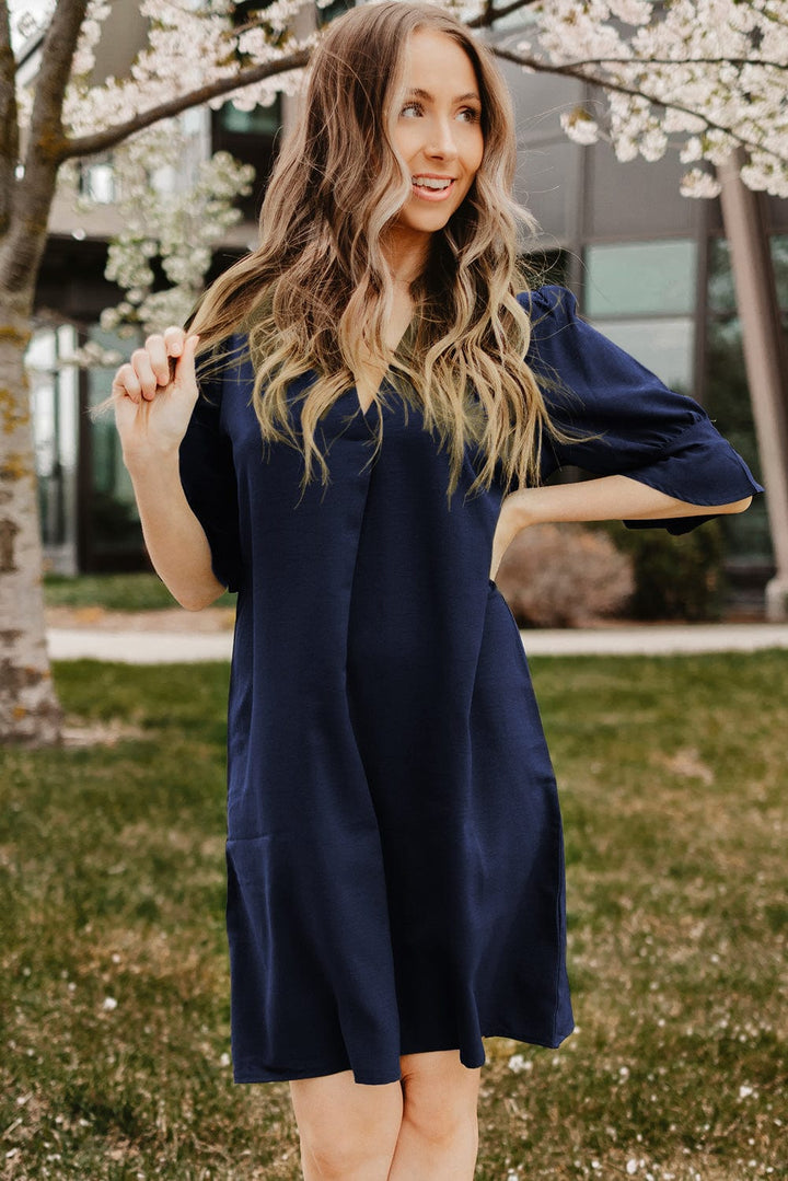 Puff Sleeve Notched Mini Shift Dress - Runway Frenzy 