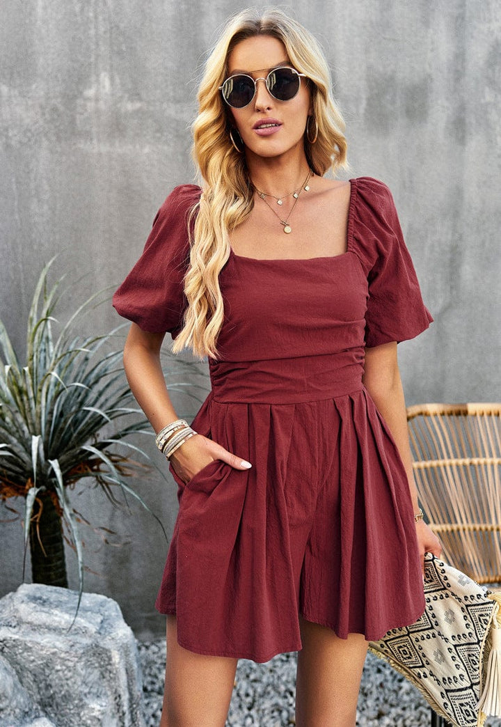 Square Neck Short Sleeve Smocked Romper - Runway Frenzy 