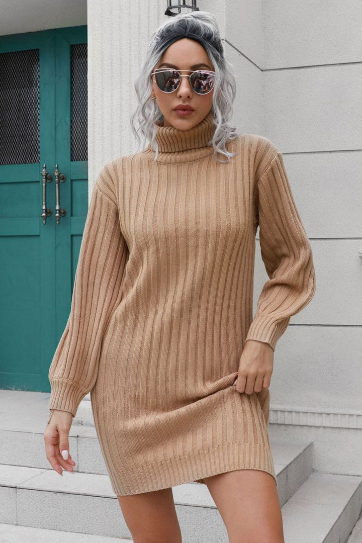 Ribbed Turtle Neck Long Sleeve Mini Sweater Dress - Runway Frenzy 