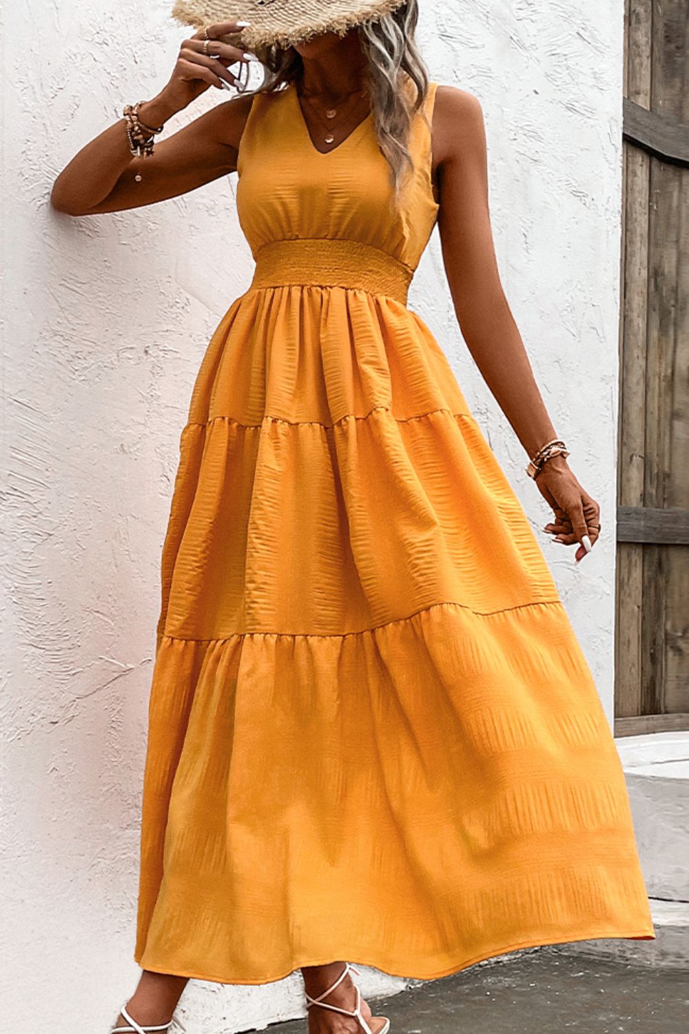 V-Neck Smocked Waist Sleeveless Tiered Dress - Runway Frenzy 