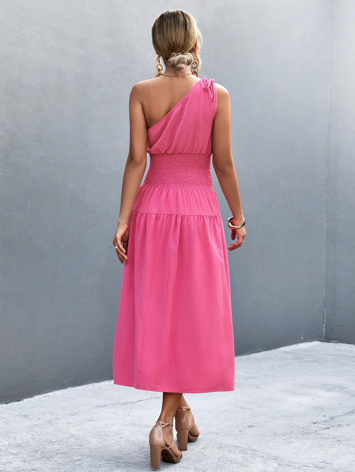 Asymmetrical One Shoulder Smocked Waist Midi Dress - Runway Frenzy