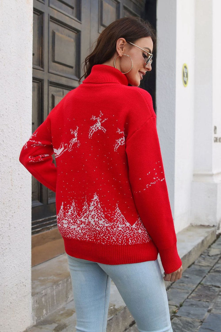 Reindeer & Snow Pattern Turtle Neck Pullover Sweater - Runway Frenzy 