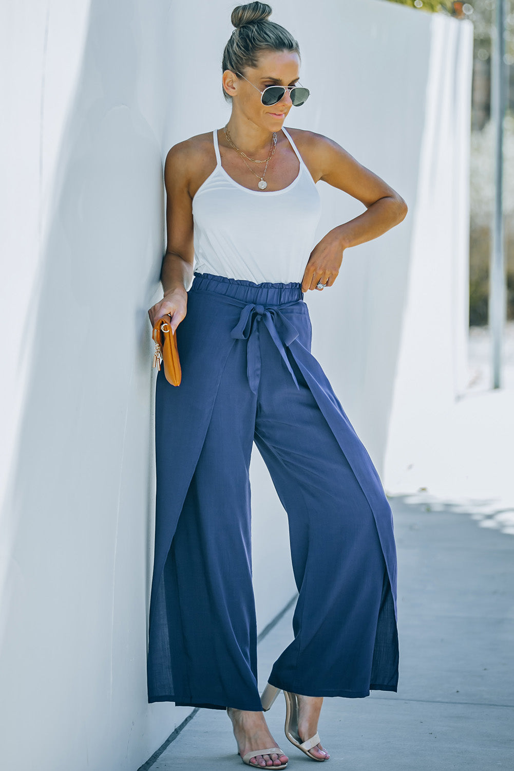 Paperbag Waist Tie Front Wide Leg Pants - Runway Frenzy 