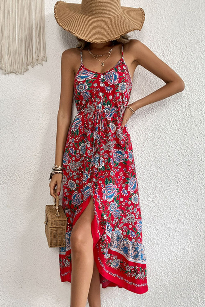 Bohemian Decorative Button Spaghetti Strap Dress - Runway Frenzy