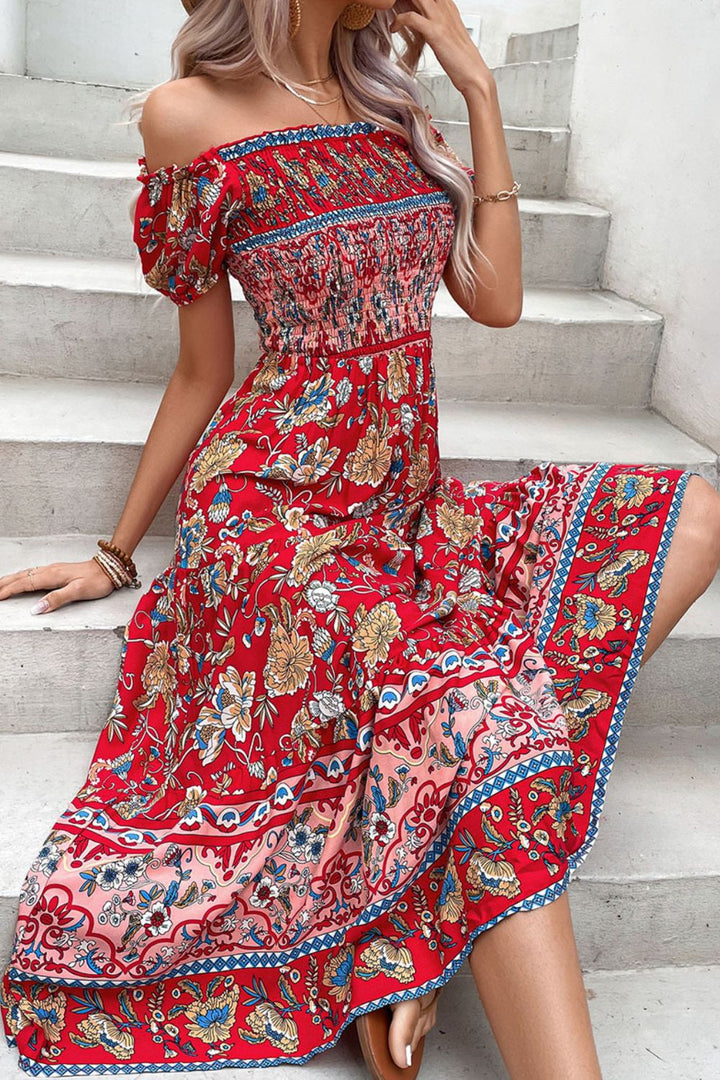 Floral Off-Shoulder Smocked Midi Dress - Runway Frenzy