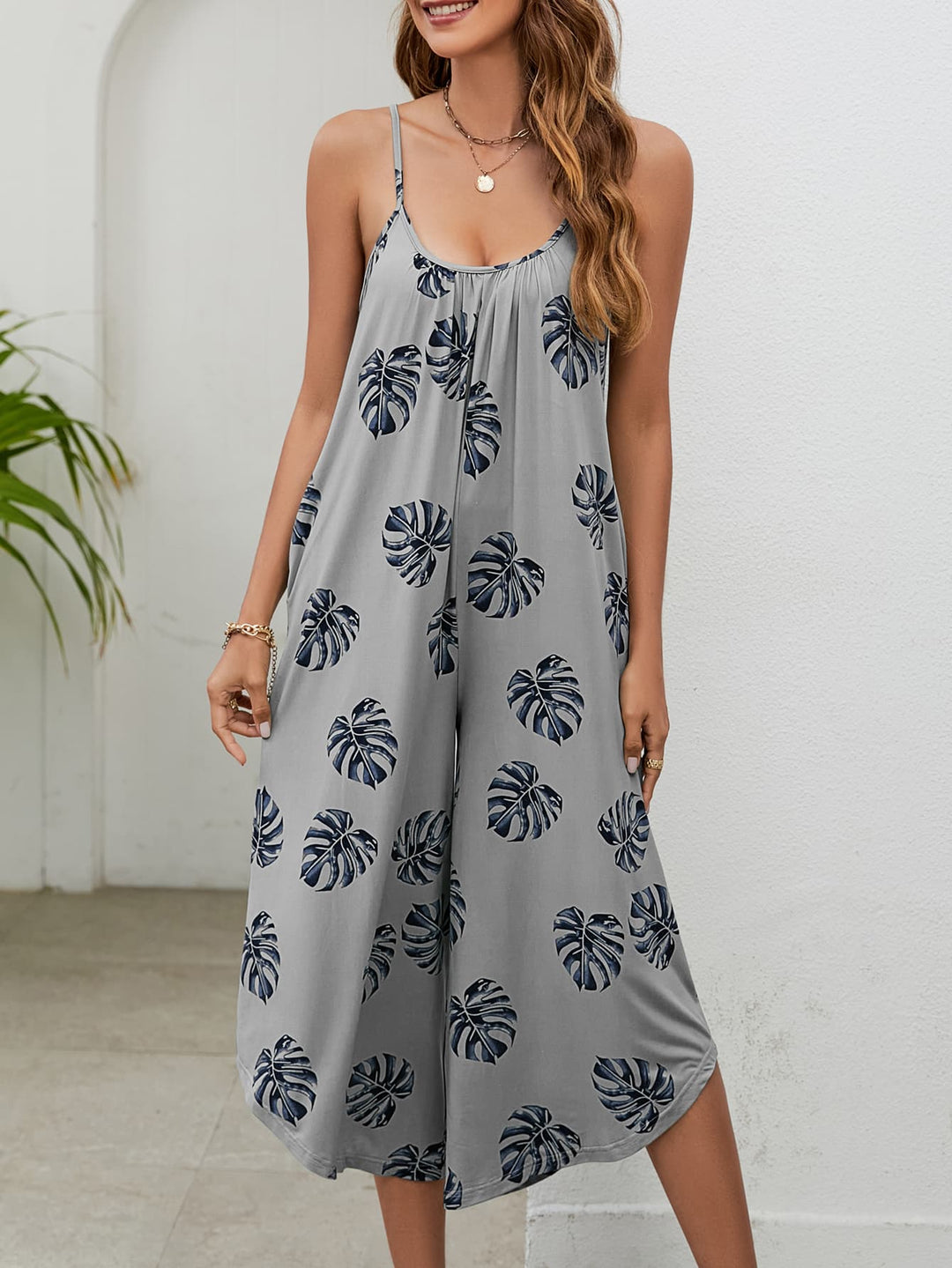 Botanical Print Spaghetti Strap Scoop Neck Jumpsuit - Runway Frenzy