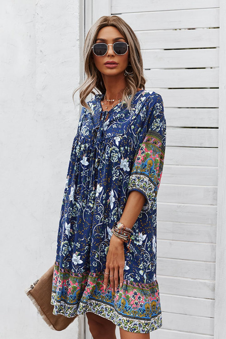 Bohemian Tie Neck Mini Dress - Runway Frenzy