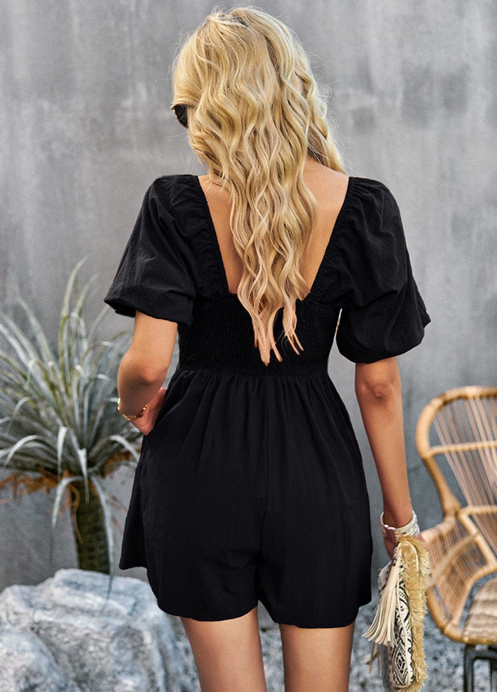 Square Neck Short Sleeve Smocked Romper - Runway Frenzy 