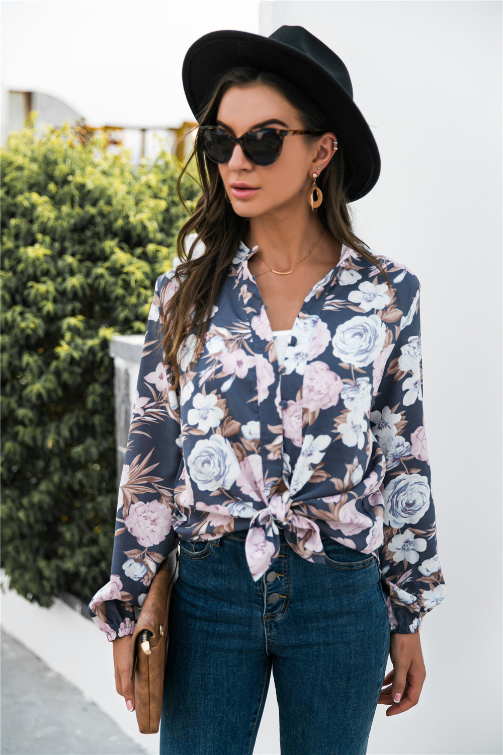 Floral Print Mock Neck Button Front Shirt - Runway Frenzy