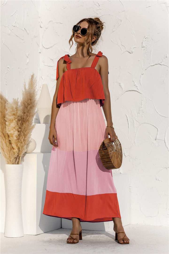 Color Block Tie Shoulder Tiered Sleeveless Dress - Runway Frenzy