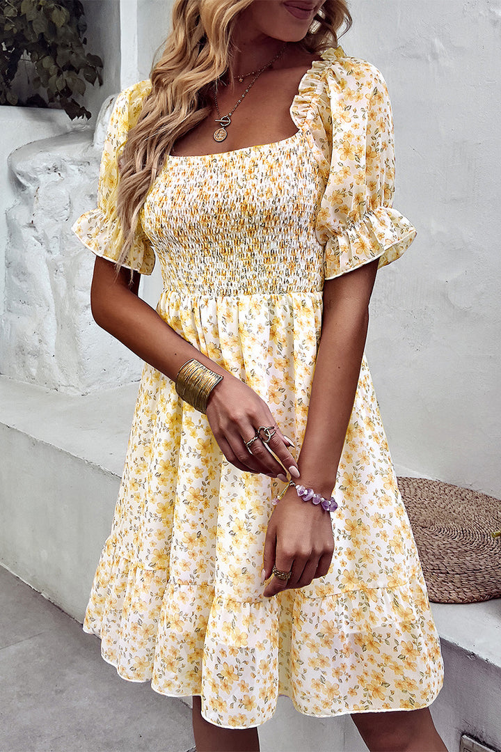 Floral Smocked Square Neck Flounce Sleeve Dress - Runway Frenzy