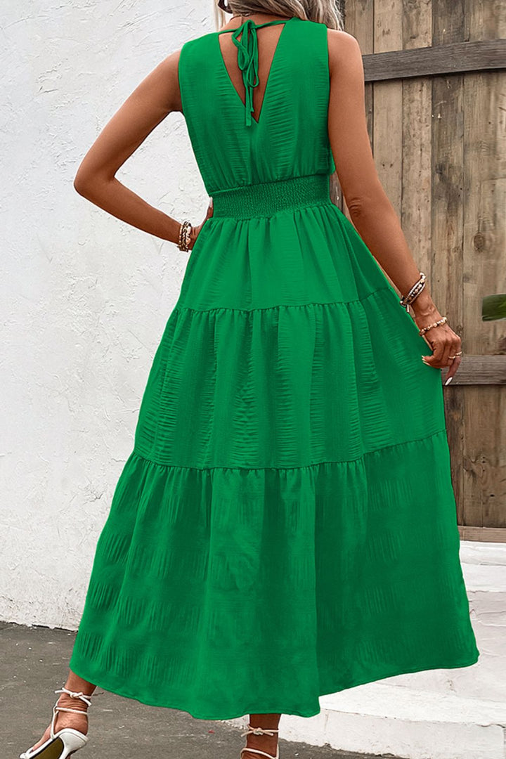 V-Neck Smocked Waist Sleeveless Tiered Dress - Runway Frenzy 