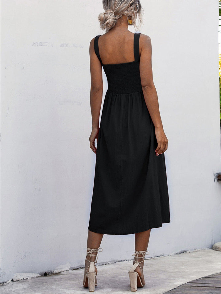 Square Neck Sleeveless Smocked Midi Dress - Runway Frenzy 