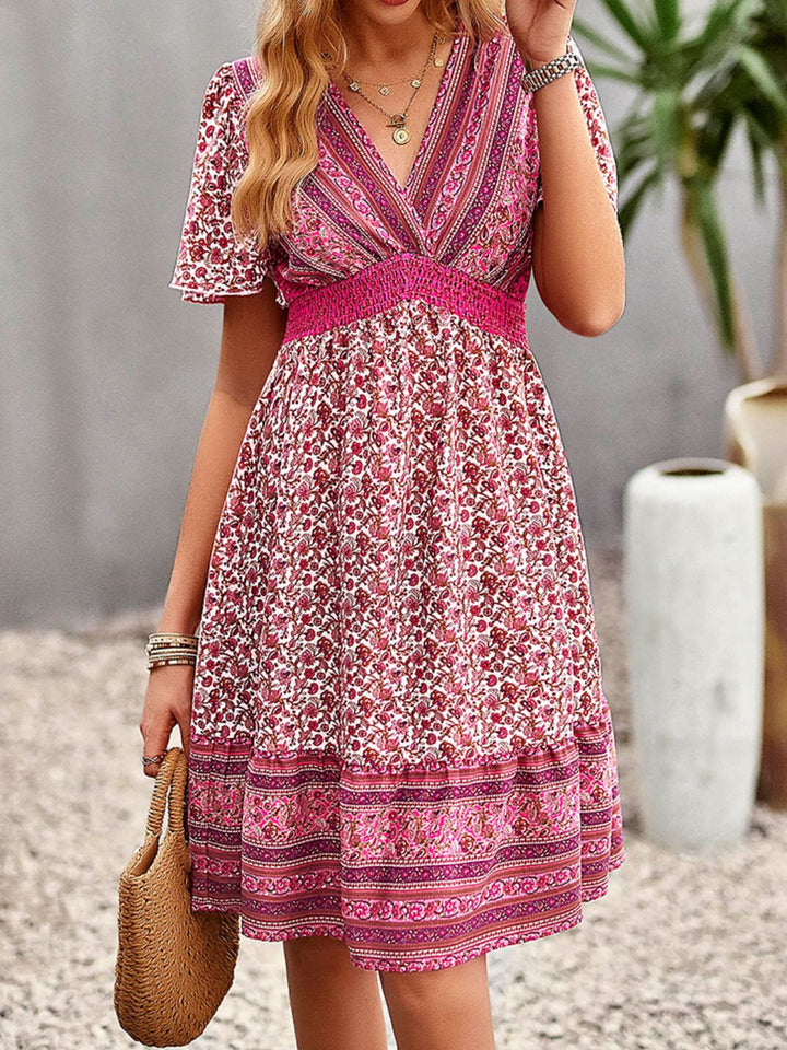 Floral Print Bohemian Style V-Neck Flutter Sleeve Dress - Runway Frenzy