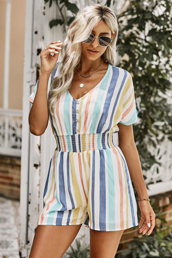 Multicolored Stripe V-Neck Smocked Waist Romper - Runway Frenzy 