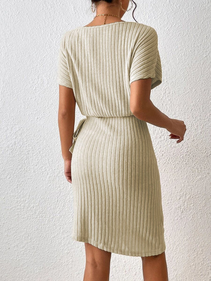 Ribbed Boat Neck Short Sleeve Dress - Runway Frenzy 