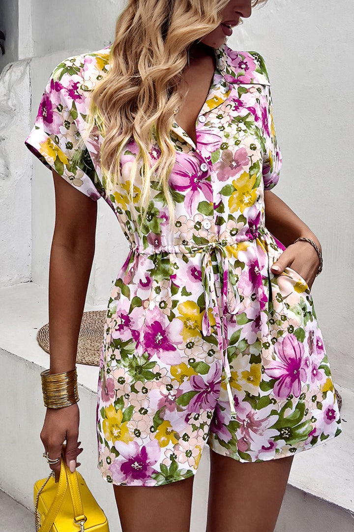 Floral Drawstring Lapel Collar Romper with Pockets - Runway Frenzy