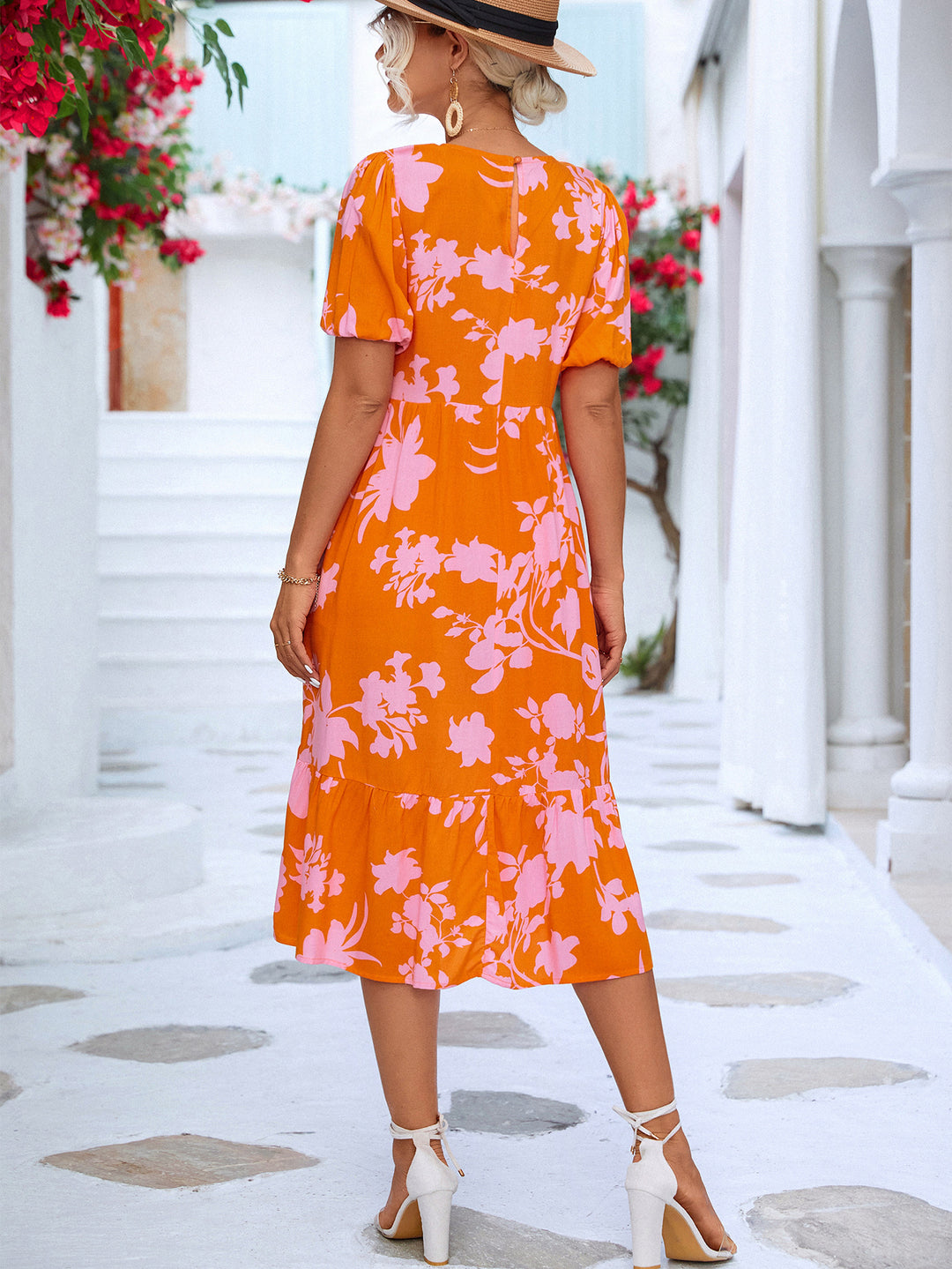 Floral Puff Sleeve Ruffle Hem Midi Dress - Runway Frenzy