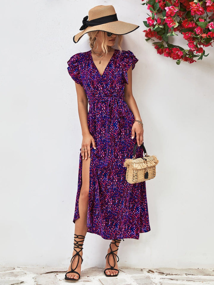 Printed Surplice Neck Flutter Sleeve Slit Dress - Runway Frenzy