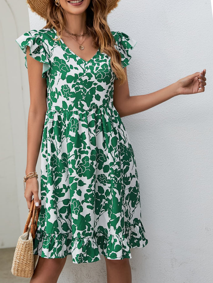 Floral V-Neck Flutter Sleeve Dress - Runway Frenzy