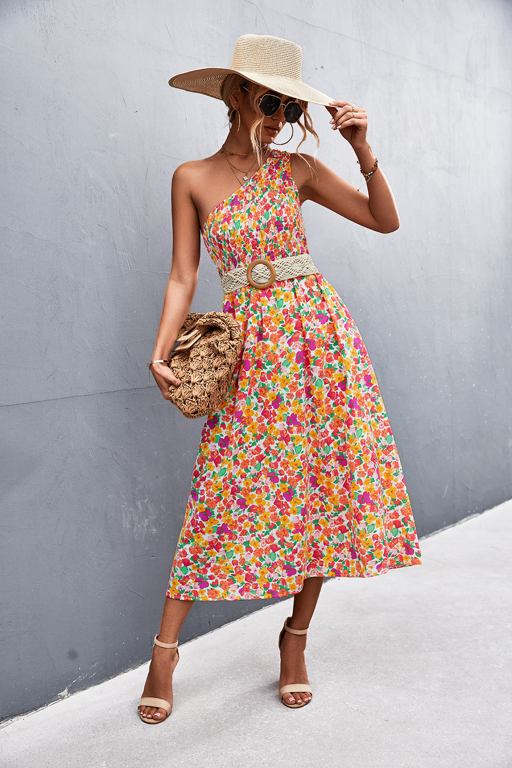 Floral Smocked One-Shoulder Midi Dress - Runway Frenzy