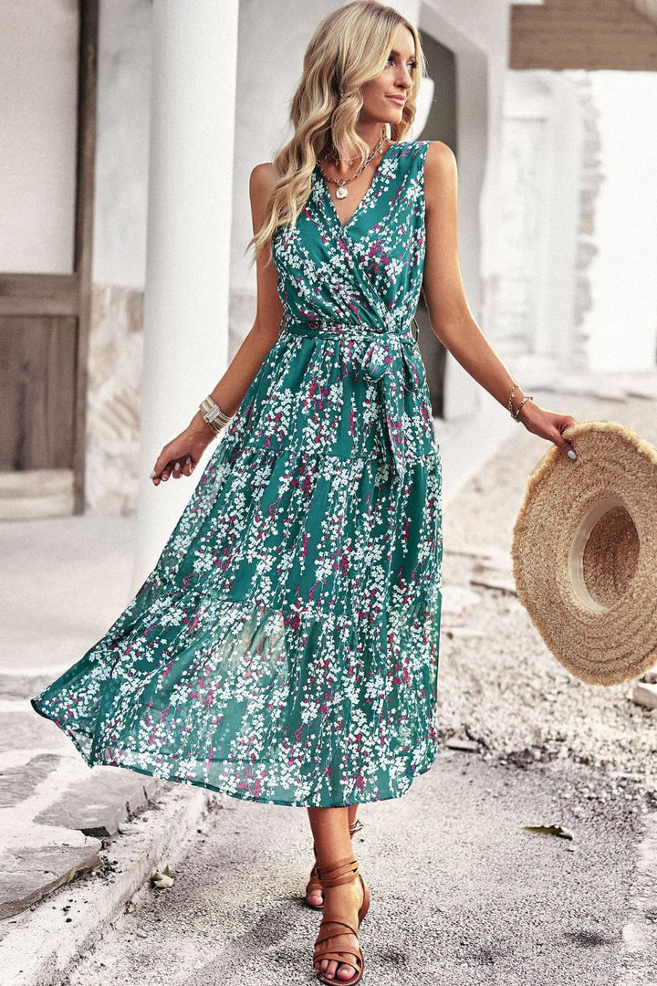 Floral Belted Surplice Sleeveless Tiered Dress - Runway Frenzy