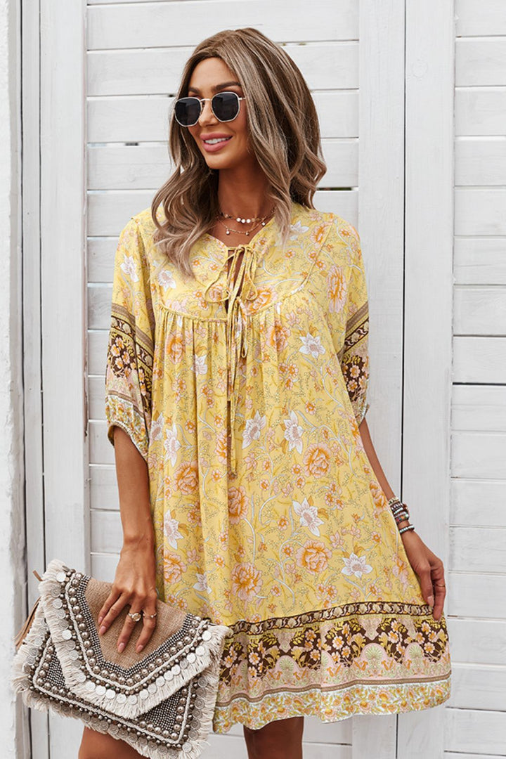 Bohemian Tie Neck Mini Dress - Runway Frenzy