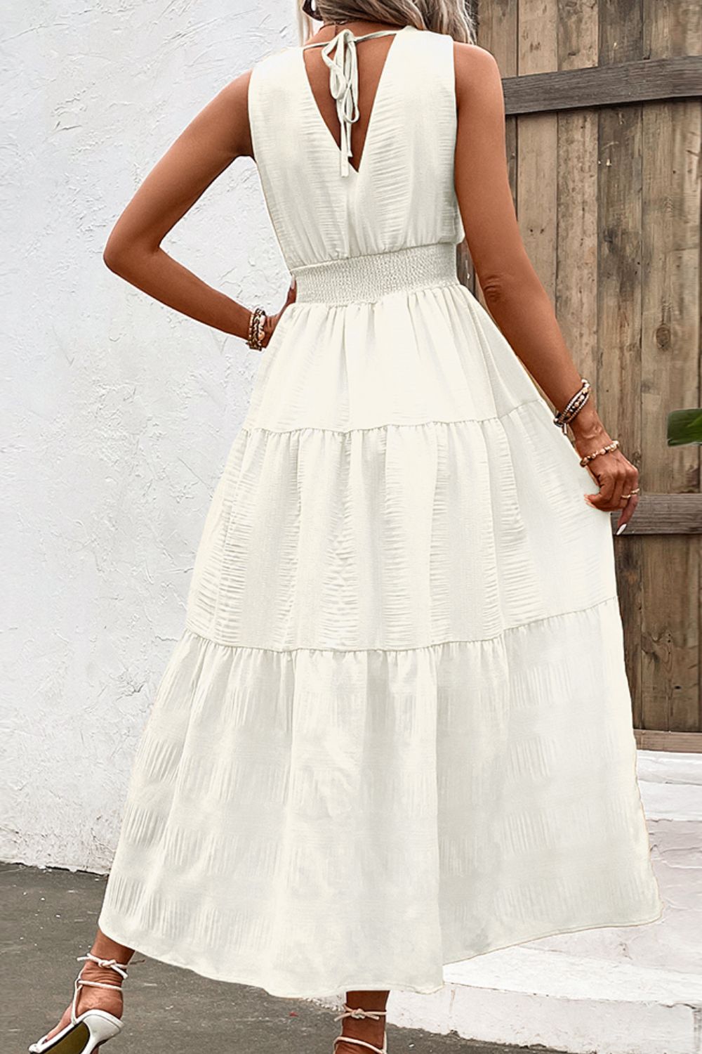 V-Neck Smocked Waist Sleeveless Tiered Dress - Runway Frenzy 