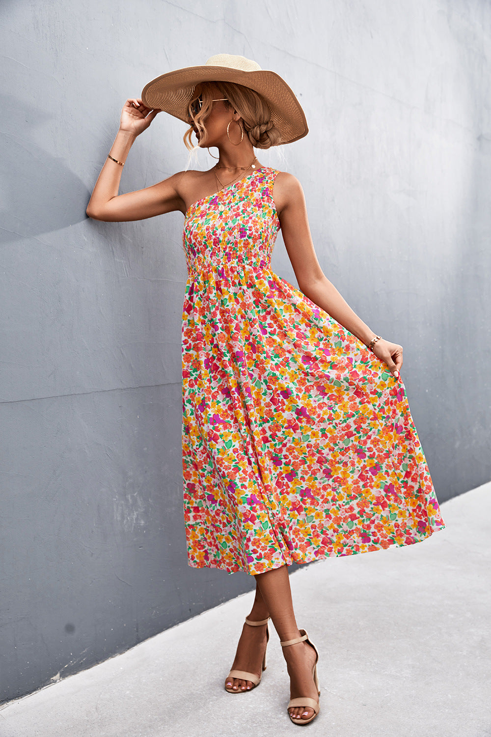 Floral Smocked One-Shoulder Midi Dress - Runway Frenzy