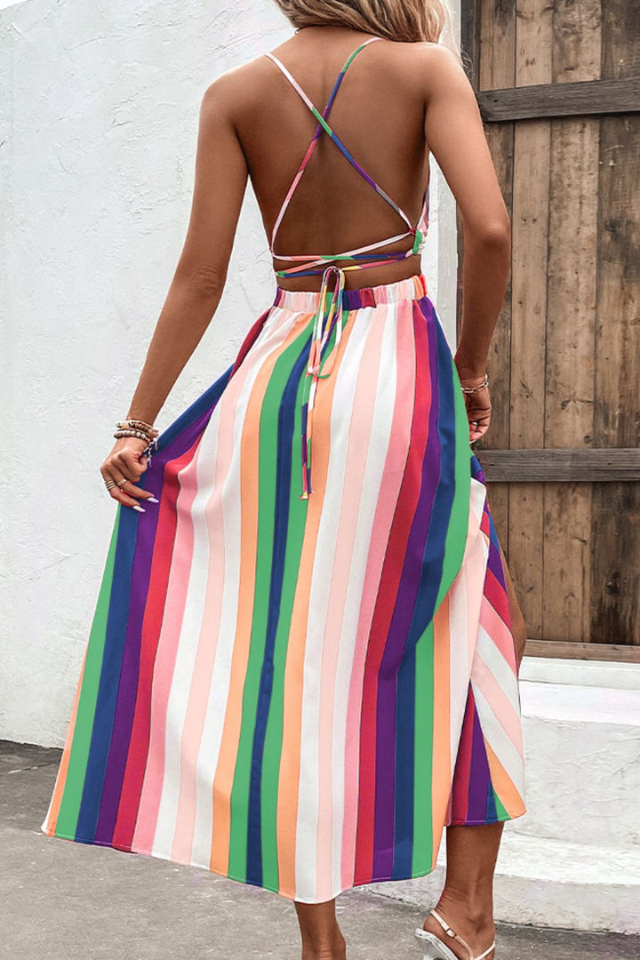 Multicolored Stripe Crisscross Backless Dress - Runway Frenzy 