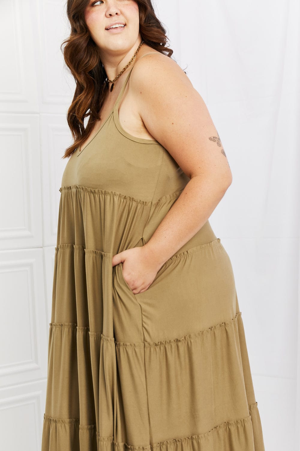 Zenana Full Size Spaghetti Strap Tiered Dress with Pockets in Khaki - Runway Frenzy 