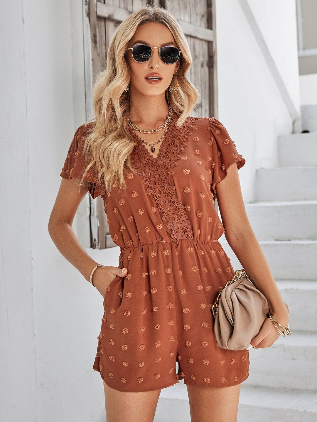 Swiss Dot Lace Trim Flutter Sleeve Romper with Pockets - Runway Frenzy