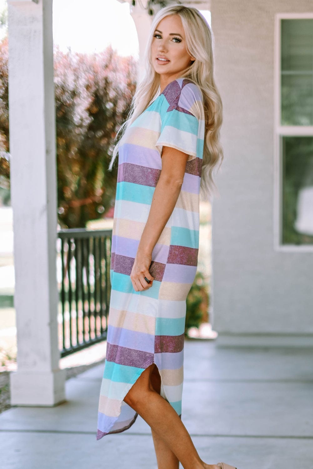 Striped V-Neck Curved Hem Midi Dress - Runway Frenzy 