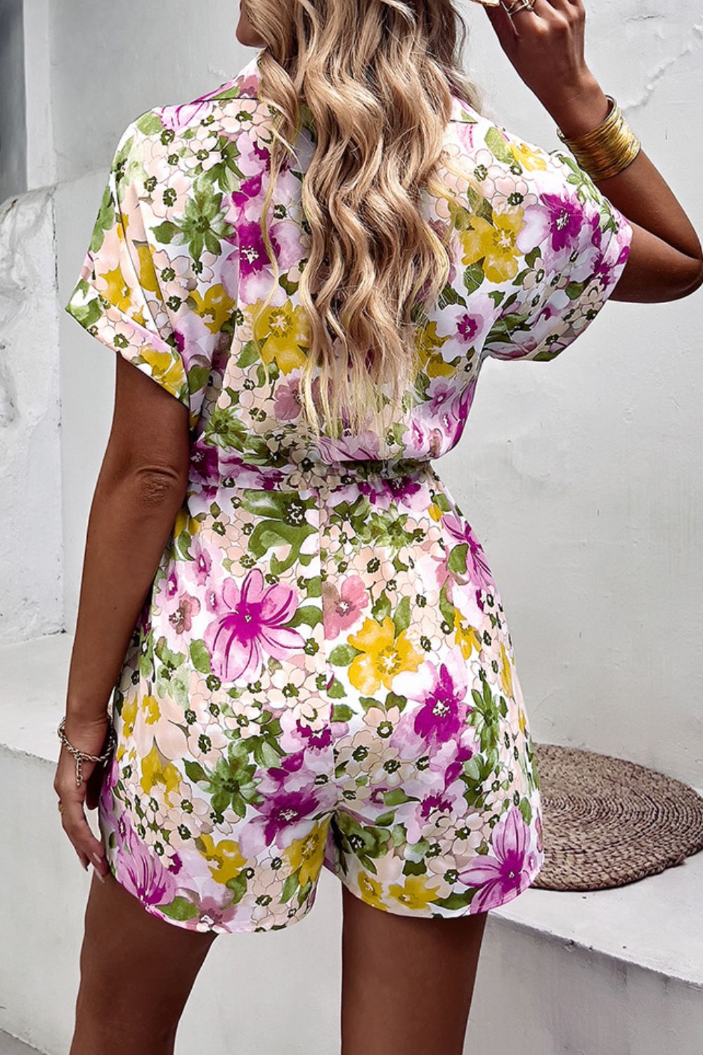 Floral Drawstring Lapel Collar Romper with Pockets - Runway Frenzy