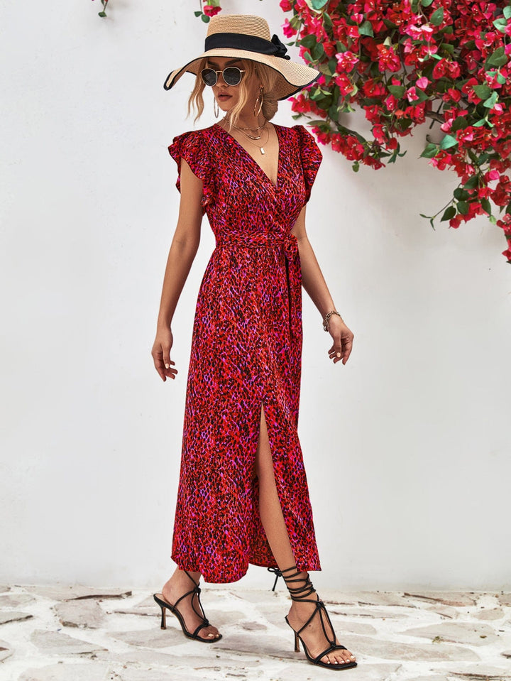 Printed Surplice Neck Flutter Sleeve Slit Dress - Runway Frenzy